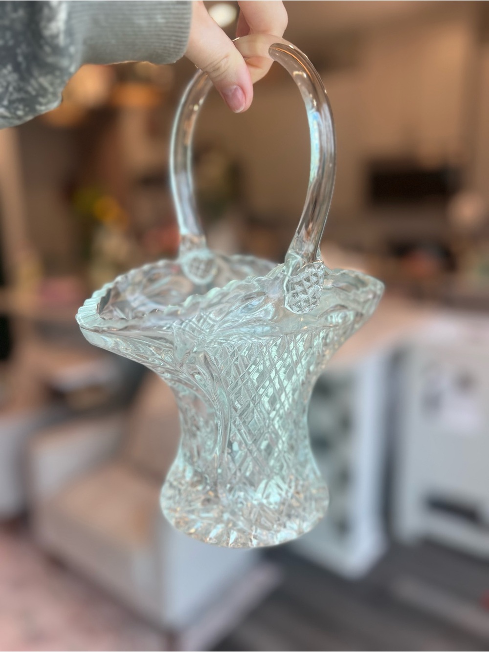 Clear Pressed Glass Handled Basket - Elegant Clear Glass Accent